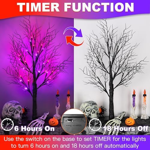 Halloween Decorations Indoor 2 Pack 24 Inch Black Halloween Tree with 48 Orange Purple Led Lights, Timer/USB/Battery Operated Lighted Tabletop Spooky Tree for Table Home Office Party Decor - Image 4