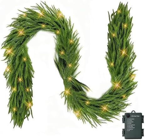 TW SHINE 9FT Pre-Lit Christmas Garland with Lights, 50 LED Lighted Artificial Norfolk Pine Garlands, Christmas Decorations for Indoor Outdoor Mantle Stairs Fireplace Decor, Warm White - Image 4