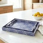 2 Pack Serving Tray with Handles, Rectangular Decorative Trays for Coffee Table, Modern Blue Plastic Ottoman Tray for Living Room, Bathroom, Kitchen, Decor, (Boho Blue) - Image 5