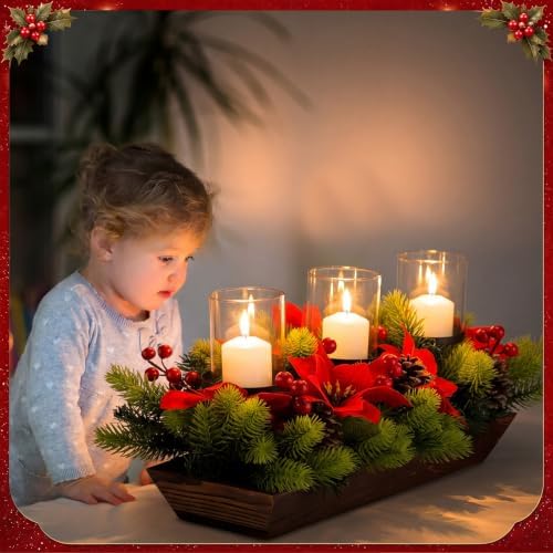 3 Pillar Christmas Table Centerpiece Christmas Candle Holder Artificial Poinsettia with Steel Base Frosted Arrangement for Home Decor - Image 6