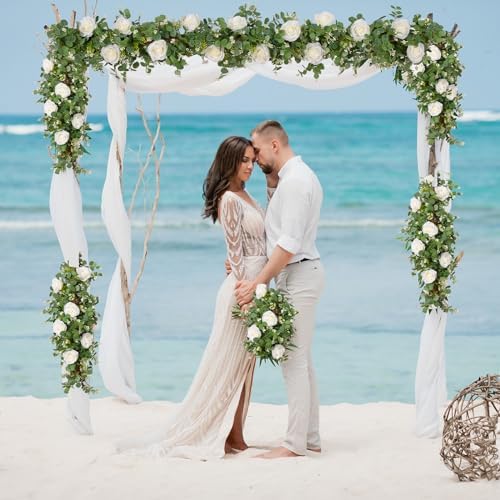 Dolicer 4Pcs 26Ft Artificial Eucalyptus Garlands with Flowers - 8 Roses, Faux Floral Greenery Garlands Fake Flowers Vines for Wedding Table Centerpieces Arch Party Ceremony Backdrop Decor (White) - Image 6