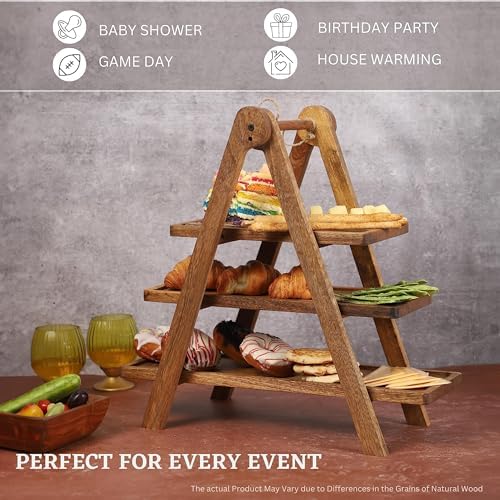 3 Tier Wooden Serving Tray Stand for Snacks Desserts Cheese Cupcakes Tiered Food Display Rack for Parties Weddings Housewarming Farmhouse Style 20.5 Inch - Image 6