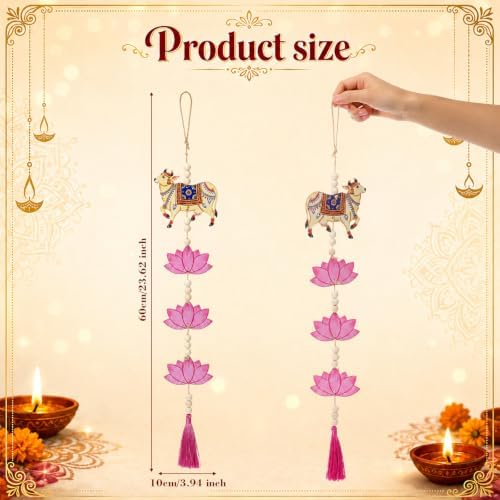 12 Pcs Indian Pichwai Style Diwali Hanging Decor, Pink Lotus with Cow - Image 2