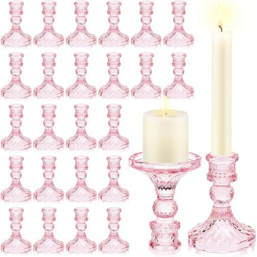 Sieral 24 Pcs Pink Taper Candle Holders 4'' Tall Candlestick Glass Holders Bulk Crystal Decorative Stand Wedding Stick Holder for Anniversary Party Dining Table Festival Decor by Sieral