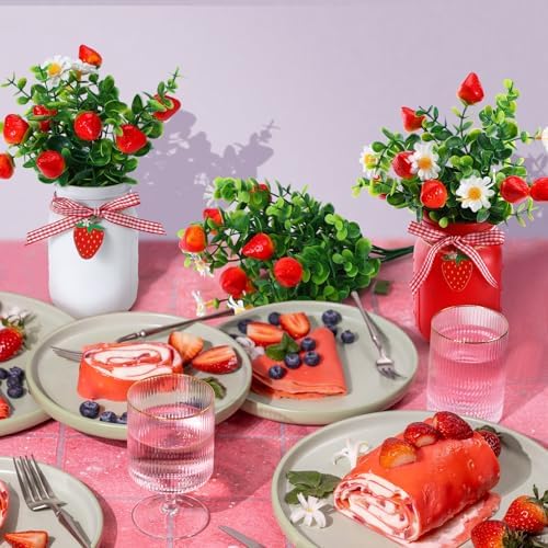 Lyrow 6 Pack Strawberry Mason Jar Table Centerpiece Faux Strawberry Christmas Mason Jar Winter Centerpiece for Table Farmhouse Decoration for Xmas Home Tiered Kitchen Tray Decoration - Image 6