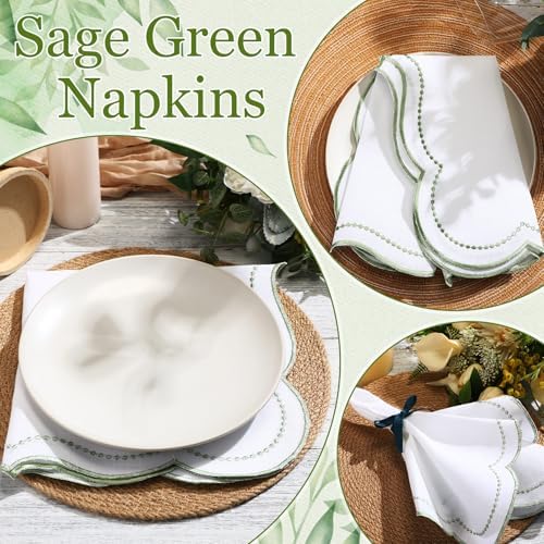 Hahafelt 12 Set Scalloped Cloth Napkins, Embroidery Polyester, Sage Green - Image 3