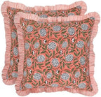 Ridhi Block Print Dark Salmon Pink Throw Pillow Cover 18" x 18" (Pack of 2) Decorative Cushion Covers with Ruffle for Couch, Sofa, Bed, Living Room, Home Decor Gift for Spring, Mother's Day by Ridhi