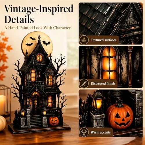 Lighted Halloween Haunted House & Character Figurine Collection, Halloween Decorations with Ghost, Black Cat & Pumpkin Figures, Gothic Haunted House Centerpiece for Mantel Shelf Home Decor，Ghost - Image 6