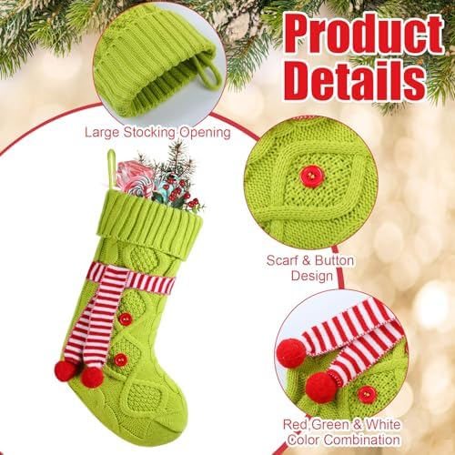 6 Pieces Green Christmas Stocking 18 Inches Large Green Knitted Stocking with Scarf Xmas Hanging Stocking Decorations for Fireplace Christmas Holiday Party Decoration Family Stockings - Image 5