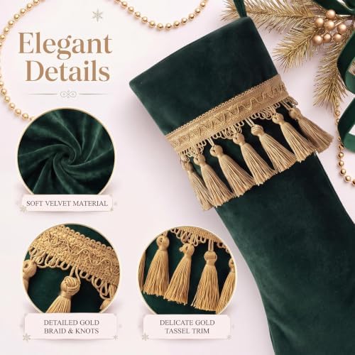 4 Pcs Large Velvet Luxury Christmas Stockings, Retro, Green - Image 2