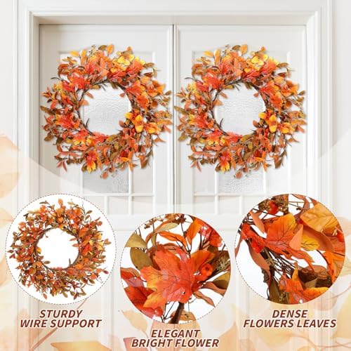 Hotop 2 Pcs 22'' Fall Wreaths for Front Door Autumn Wreaths with Berries Harvest Eucalyptus Leaves Orange Gold Leaves for Home Wall Farm Fall Thanksgiving Festival Decor - Image 4