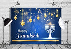 BELECO 9x6ft Fabric Happy Hanukkah Photography Backdrop Blue Chanukah Holiday Decorations Banner Background Menorah Golden Stars Bokeh Glitter Spots Jewish Holy Festival Party Supplies Photo Props - Image 4