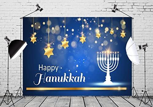 BELECO 9x6ft Fabric Happy Hanukkah Photography Backdrop Blue Chanukah Holiday Decorations Banner Background Menorah Golden Stars Bokeh Glitter Spots Jewish Holy Festival Party Supplies Photo Props - Image 4