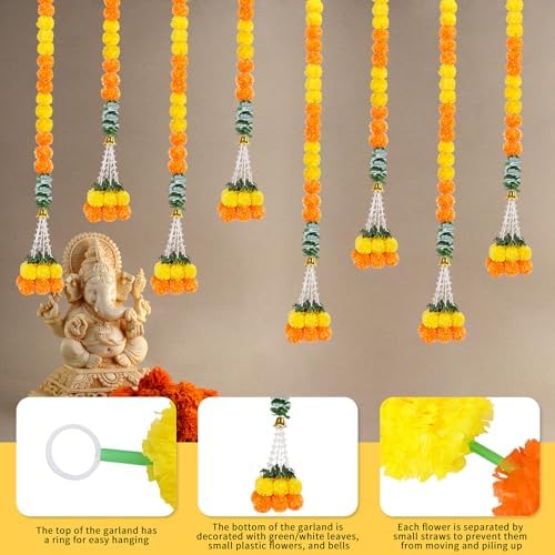 8PCS Diwali Artificial Marigold Garland for Home Decor, Marigold Long Strands with Bells and Leaves for India Wedding, Pooja Decor, Marigold Flowers Strings for All Year Decoration - Image 3