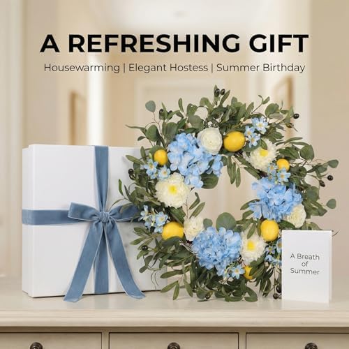 22 Inch Lemon Wreath for Front Door, UV Resistant Blue Hydrangea Olive Branch Floral, Waterproof Spring Summer Wreath - Image 6