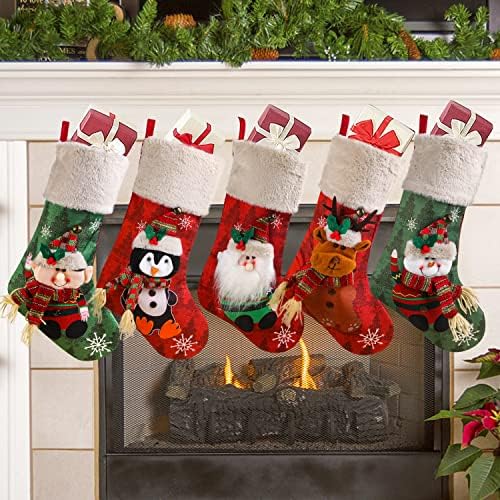 Christmas Stockings Set of 5, Large 18’’ Xmas Stockings Fireplace Hanging Stockings with Plush Cuff, Santa Snowman Reindeer Elf for Holiday Decor,Christmas Tree Decoration (5pcs) by Leipple