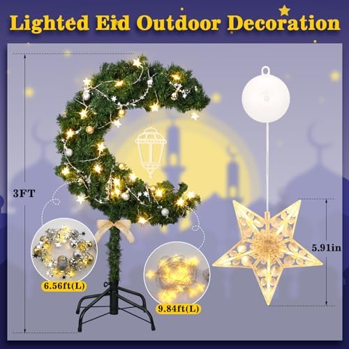 Glooglitter 3ft Ramadan Moon Tree: Lighted Crescent Artificial Tree with Star String LED Eid Outdoor Decoration for Eid Ramadan Garden Home Bedroom Party Decor(Green) - Image 2