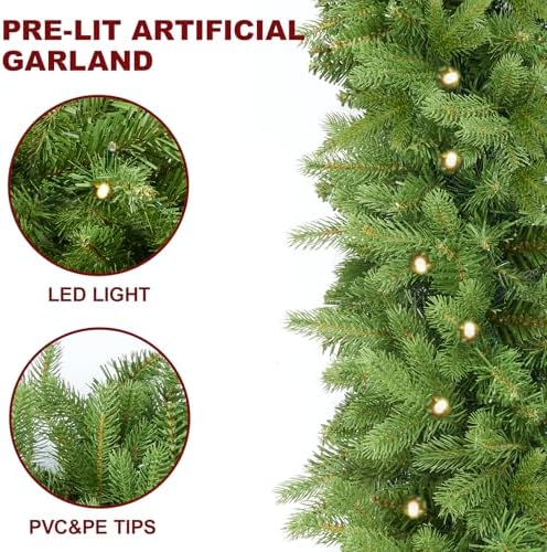 9FT Pre-Lit Artificial Christmas Garland with 50 LED Light Battery Operated, Holiday Decorations with 300 Tip Branch, for Indoor Door Home Stairs Fireplaces Wall - Image 2