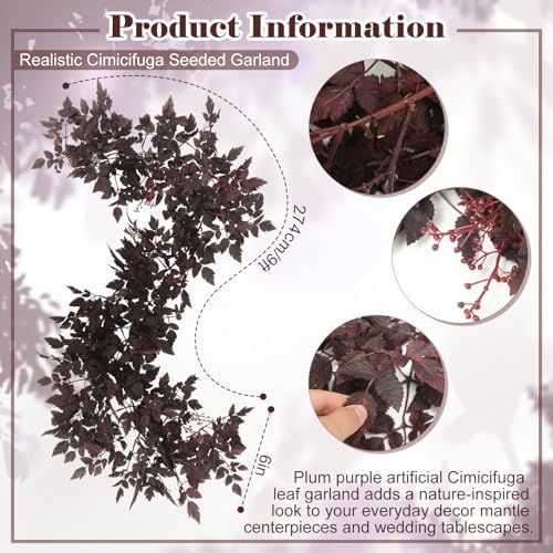 2 Pcs Plum Cimicifuga Seeded Garland, Fall Leaf Mantle Decor, 9 ft - Image 2