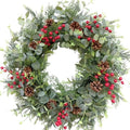 24 Inch Christmas Eucalyptus Red Berries Wreath for Front Door, Winter Green Eucalyptus Leaves Wreath with Pine Cone for Indoor Outdoor, Xmas Wreaths Home Decor by Egolot