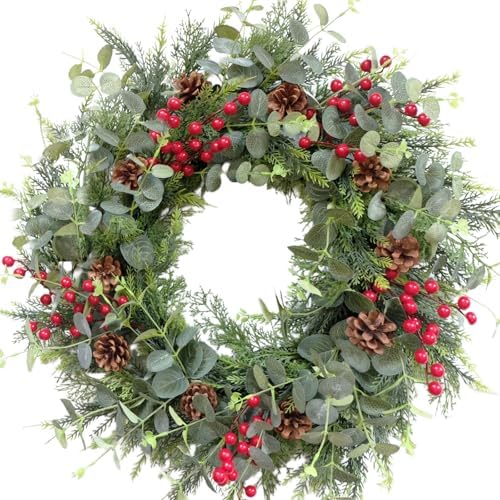 24 Inch Christmas Eucalyptus Red Berries Wreath for Front Door, Winter Green Eucalyptus Leaves Wreath with Pine Cone for Indoor Outdoor, Xmas Wreaths Home Decor by Egolot