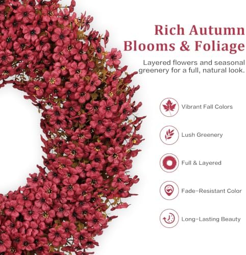 24" Burgundy Fall Wreath for Front Door, Artificial Mums Autumn Wreath - Image 4