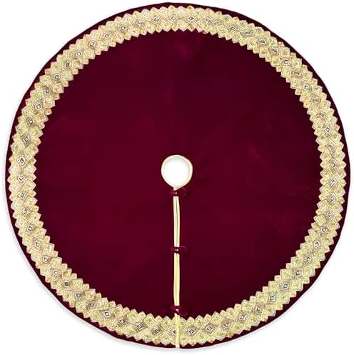 84-Inch Venetian Gilded Velvet Christmas Tree Skirt with Gold Embellished Border, Foam-Padded, Button Closure, Burgundy - Image 2