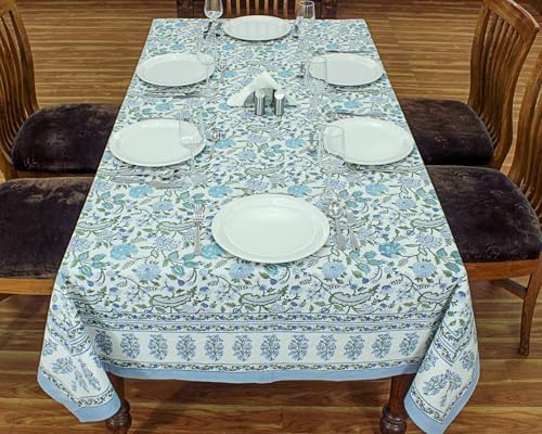 60x60 Inches Square Hand Block Printed Cotton Tablecloth, Green Blue Floral Table Cloths Washable, Indian Table Linen for Halloween Christmas Outdoor Thanksgiving Gifts Home Decor Dinning Outdoor - Image 2
