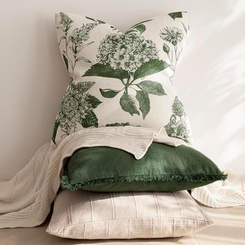 Foindtower Set of 2 Linen Floral Throw Pillow Covers Neutral Vintage Print Decorative Cozy Cushion Covers Farmhouse Boho Home Decor for Sofa Chair Couch Bedroom Living Room,22×22 Inch,Dark Green - Image 5