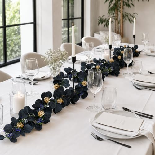 4 Pcs 6Ft Artificial Eucalyptus Garland, Faux Eucalyptus Plants Black Leaves Fake Vines for Halloween Table Home Wedding Mantle Party Indoor Outdoor Decor - Image 2