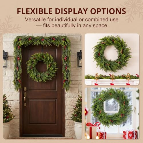Glitzhome 30 Inch Christmas Wreaths for Front Door, Artificial Greenery Wreath with Pine Cones and Red Berries for Windows, Walls, Porches, Indoor and Outdoor Home Decoration - Image 6
