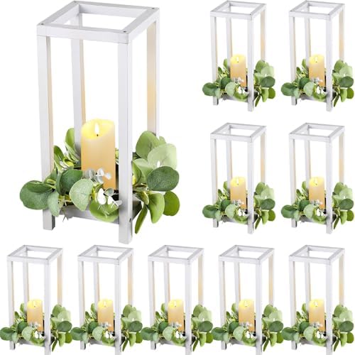 Geelin 10 Pcs Wooden Wedding Lantern Centerpiece Candle Lantern Table Wooden Candle Holder Decorative for Wedding Party Table Valentine Decor(13 in,White) by Geelin