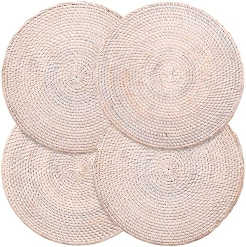 4-Pack Rattan Placemats - 13-inch Round Placemats (Whitewash) - Woven Place Mats, Round Table Mats - Wicker Chargers for Dinner Plates, Plate Chargers Boho by Decvel