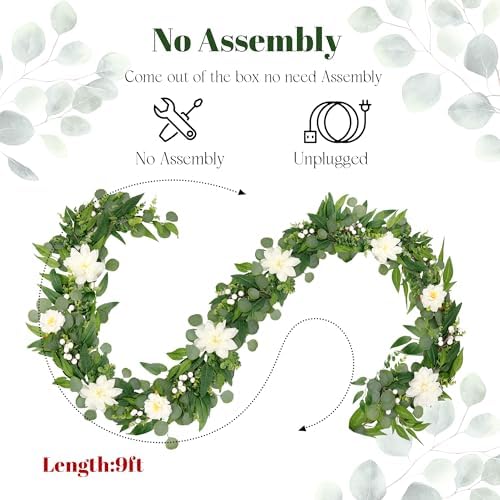 Artificial Eucalyptus Garland with Lights,Fairy Light Olive Leaves Vine Garland with White Flowers & White Berries, Bendable Mantle Garland for Indoor Outdoor Wedding, Home Decoration (9FT) - Image 4