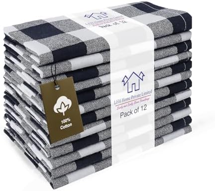 LFH Home 100% Cotton Cloth Reusable Dinner Napkins Set of 12 Washable Soft Decorative Buffalo Plaid Gingham and Checkered Table Napkins for Holidays Wedding Farmhouse Decor 18x18 Inch-Navy Blue&White by LFHHomePrivateLimited