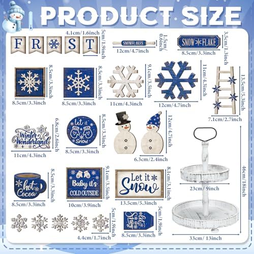 Nuogo 24 Pcs Winter Tiered Tray Decorations Set and 2 Tiered Tray Stand with Handle Winter Table Decoration Tabletop Snowman Snowflake Decorations for Home Farmhouse Hot Cocoa - Image 3