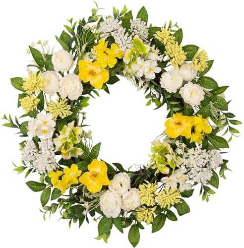wwmira 22 Inch Spring Summer Wreath for Front Door, Artificial Wreath with White Peony Yellow Flowers and Green Leaves, Farmhouse Decor Wreath for Indoor Outdoor Wall Window by wwmira