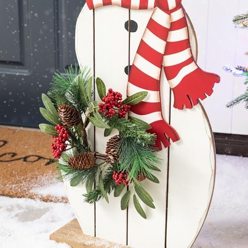 Glitzhome 36" H Wood Metal Christmas Snowman Porch Décor with Floral Wreath Standing Snowman Merry Christmas Porch Welcome Sign Holiday Party Outdoor Indoor Xmas Decorations - Image 6