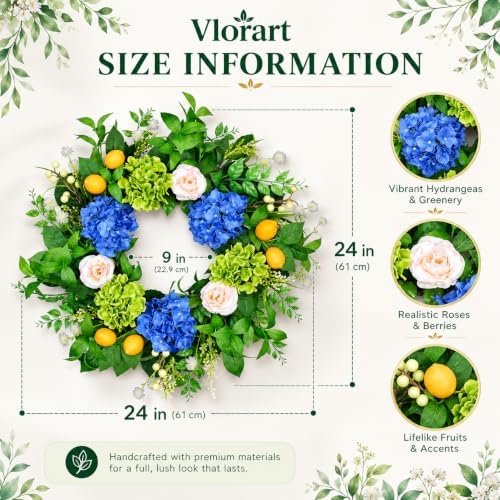 Vlorart 24In Outdoor Wreaths for Front Door Artificial Hydrangea Lemon Door Floral Summer Spring Wreath with Olive Leaves Mixed Flower UV Resistant for Farmhouse Window Wall Decor Outside All Season - Image 3