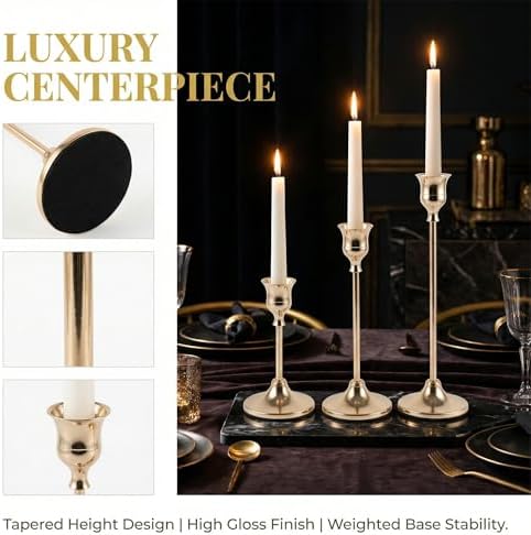 18 pcs Gold Candlestick Holders Set, 3 Sizes Metal Taper Candle Holders Weighted with Anti-Slip Pad, Vintage Finish Candle Sticks for Wedding Centerpieces, Christmas Mantel, Fireplace & Table Decor - Image 3