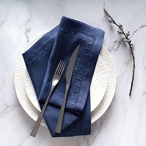Linen Dinner Napkins Navy Blue Set of 4, Embroidered Dot, 18 x 18 inch - Image 2