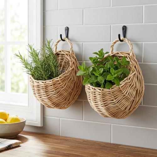 DOITOOL Willow Wall Basket, 2PCS Flat Back Woven Hanging Planter, Semi Circular Baskets, Boho Flower Holder, Wall Hanging Willow Storage for Indoor Outdoor Plant Flower Fruit Kitchen Storage - Image 3