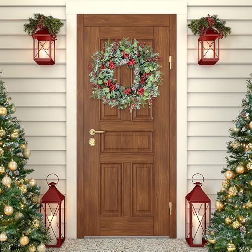 Sggvecsy 22 Inch Artificial Christmas Wreath for Front Door Xmas Red Berry Wreath with Pine Needles Pine Cones Eucalyptus Leaves Christmas Decorations for Winter Wall Outdoor Home Holiday Xmas Decor - Image 3