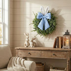 24" Easter Wreath for Front Door, Artificial Green Boxwood Spring Wreath with Bunny Ears & Blue Plaid Bow, Spring Easter Outdoor/Indoor Decor for Home Farmhouse Office Porch Wall Mantel Window - Image 4