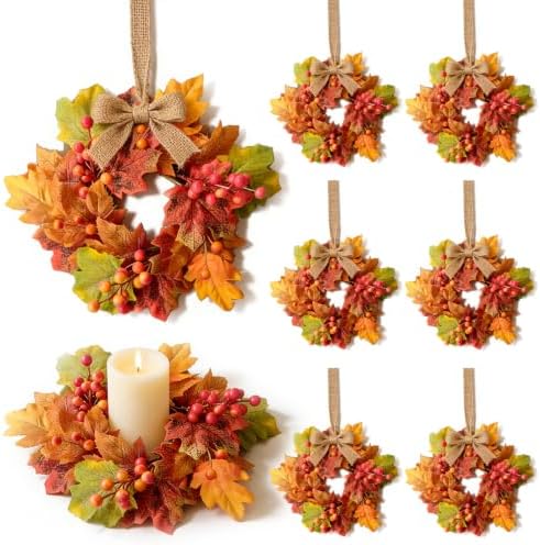 8 Pcs Small Fall Hanging Wreaths with Artificial Autumn Maple Oak Leaves Red Orange Berry Clusters Mini Cabinet Wreath for Home Table Centerpieces Kitchen Farmhouse Thanksgiving Party Decor by EYNDYN