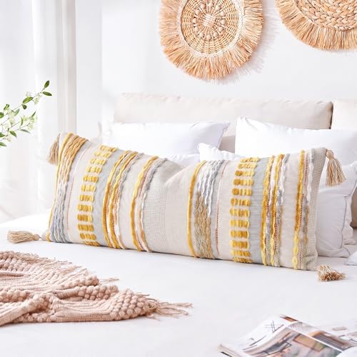 NUYECY Chenille and Cotton Long Pillow for Bed, Striped Textured Boho Lumbar Throw Pillow Cover 12x36, Neutral Accent Decorative Extra Long Body Pillow Case for Couch, Sofa, Bedroom, Yellow-Grey by NUYECY