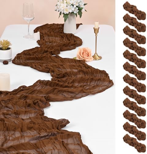 12 Pack Brown Cheesecloth Table Runner 10FT Cheese Cloths for Wedding Decor, 20x120inch Rustic Boho Gauze Table Runners for Wedding Party Bridal Shower Table Decoration by FXKS
