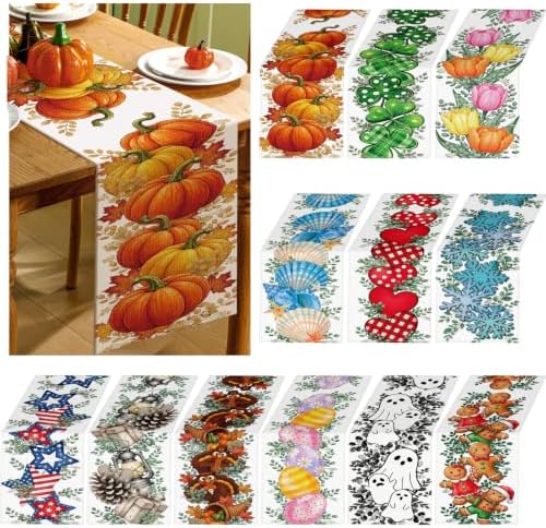 Honeydak 12 Pcs Holiday Table Runner Seasonal Farmhouse Table Decor 13 x 72 Inch Kitchen Accessories Spring Summer Thanksgiving Christmas Fall Halloween for Home Party Dining Room Kitchen (Farmhouse) by Honeydak