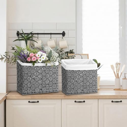 Novabright Set of 2 Wicker Hanging Basket Grey Woven Wall Baskets with Handle Liners for Front Door Organizing Mail Flower Wall Storage Basket for Farmhouse Home Decor Kitchen Bathroom Toilet Tank Top - Image 5