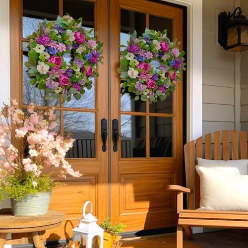 Spring Wreaths for Front Door Outside 24 Inch Spring Door Wreath with Pink Peony,Rose and Blue Hydrangeas, Handmade Silk Summer Wreaths for Front Door Home Wall Window Proch Seasonal Decor - Image 2